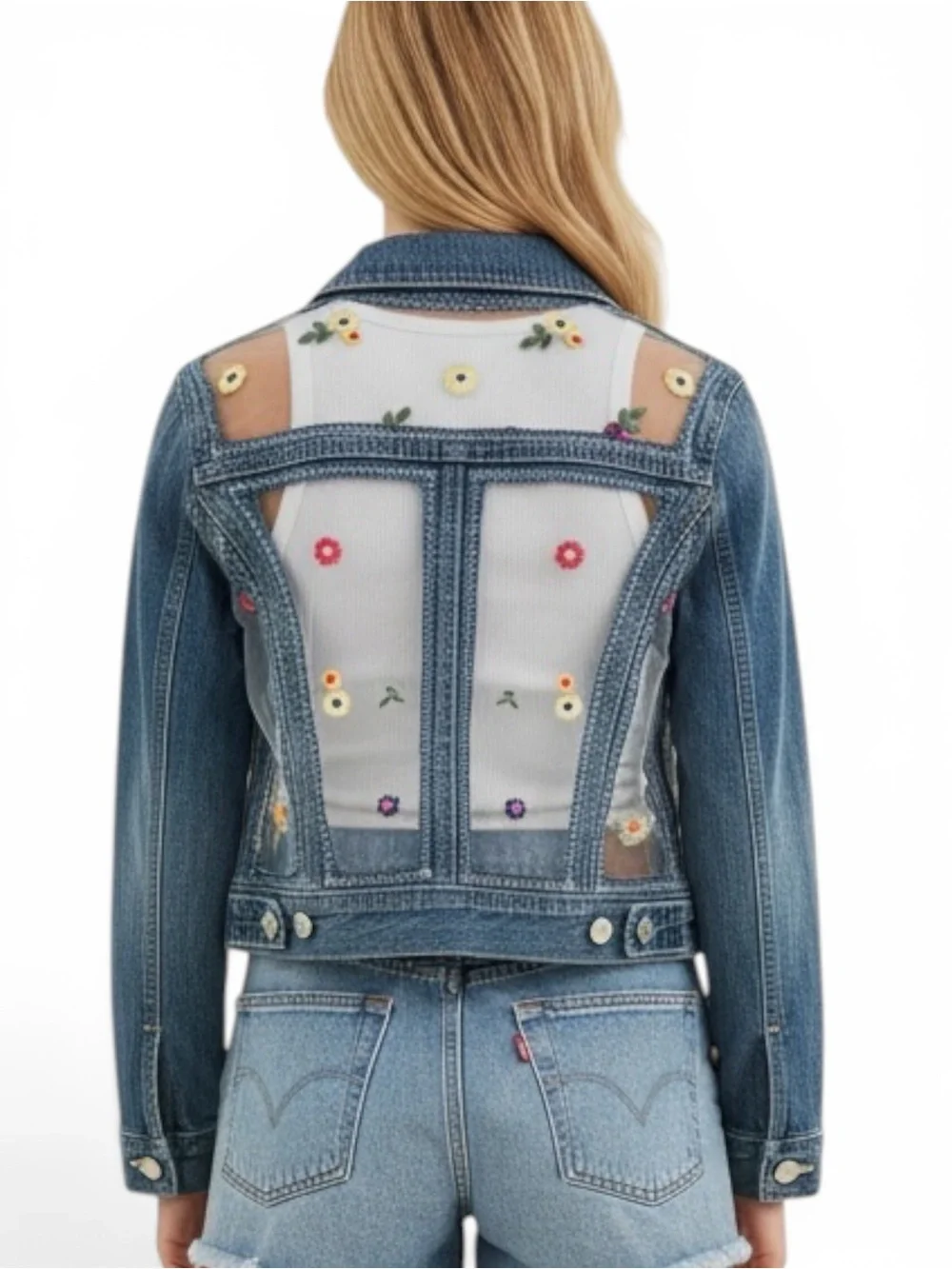 LEVI JEAN JACKET UPCYCLED with Floral Lace. HANDMADE Granny D Original OOAK MED - Picture 1 of 11
